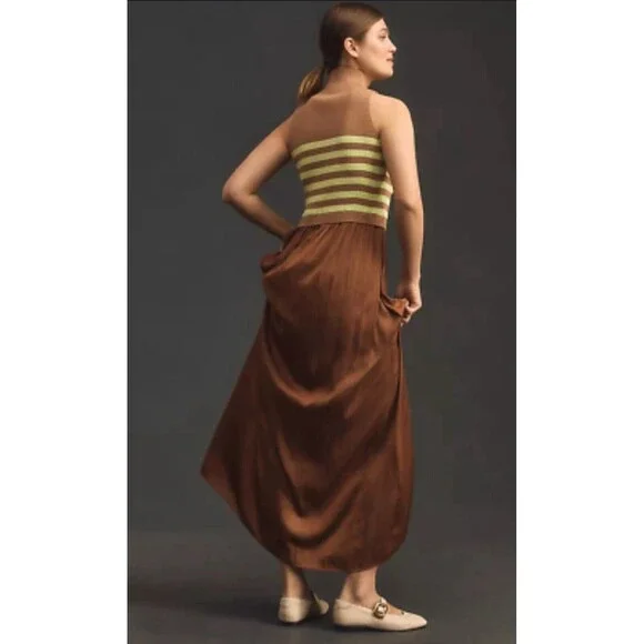 Anthropologie Sweater Dress Maxi Thea Twofer Sleeveless Brown Stripe Sz XL NWT